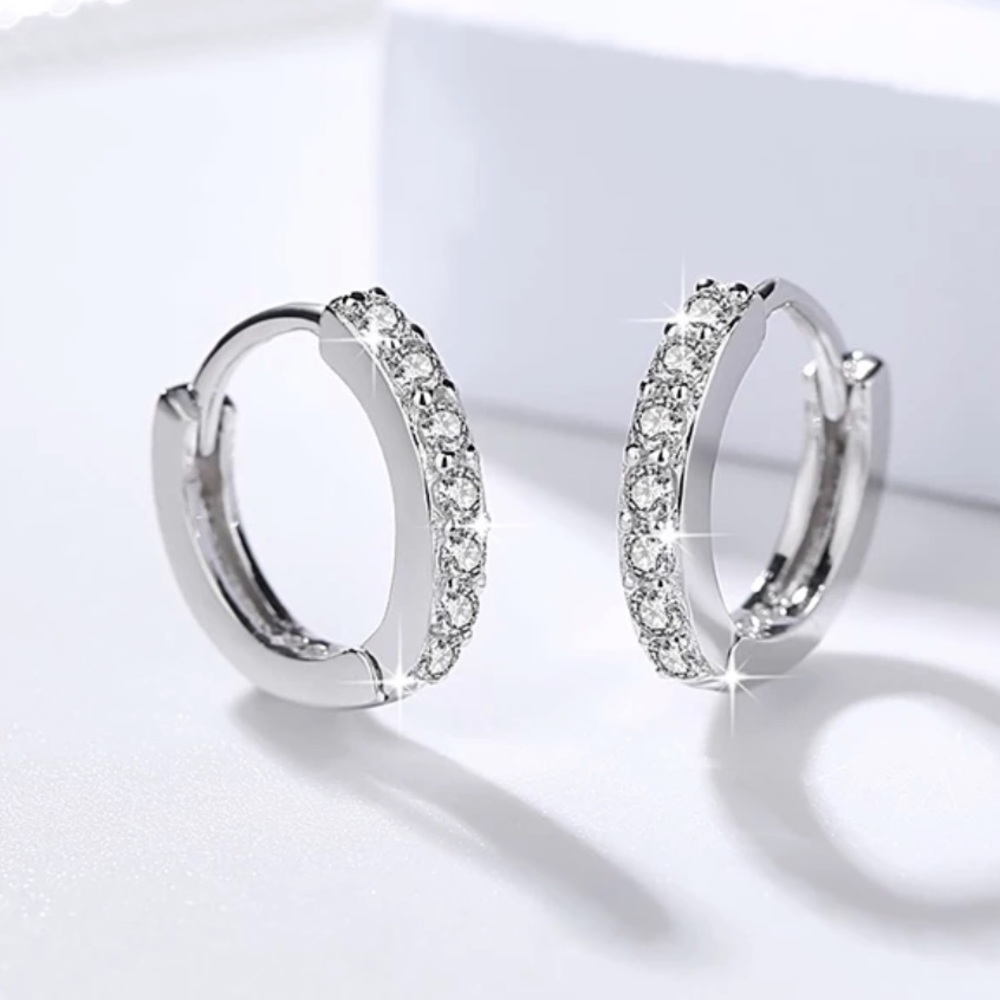 NEW 925 STERLING SILVER DIAMOND HOOPS EARRINGS, NICE EARRINGS, CUTE EARRINGS - Picture 3 of 5